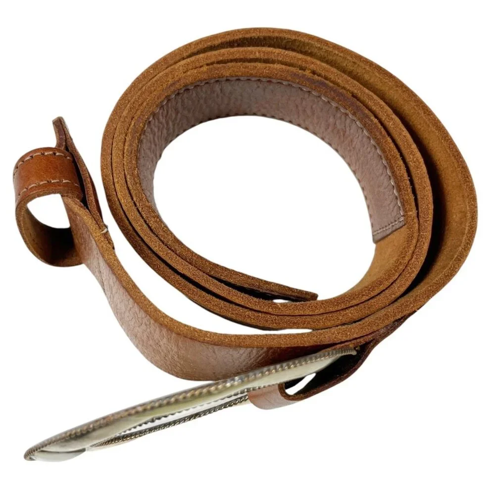 Chico's Genuine Leather Belt Size Medium Tan Statement Buckle Boho Cowgirl